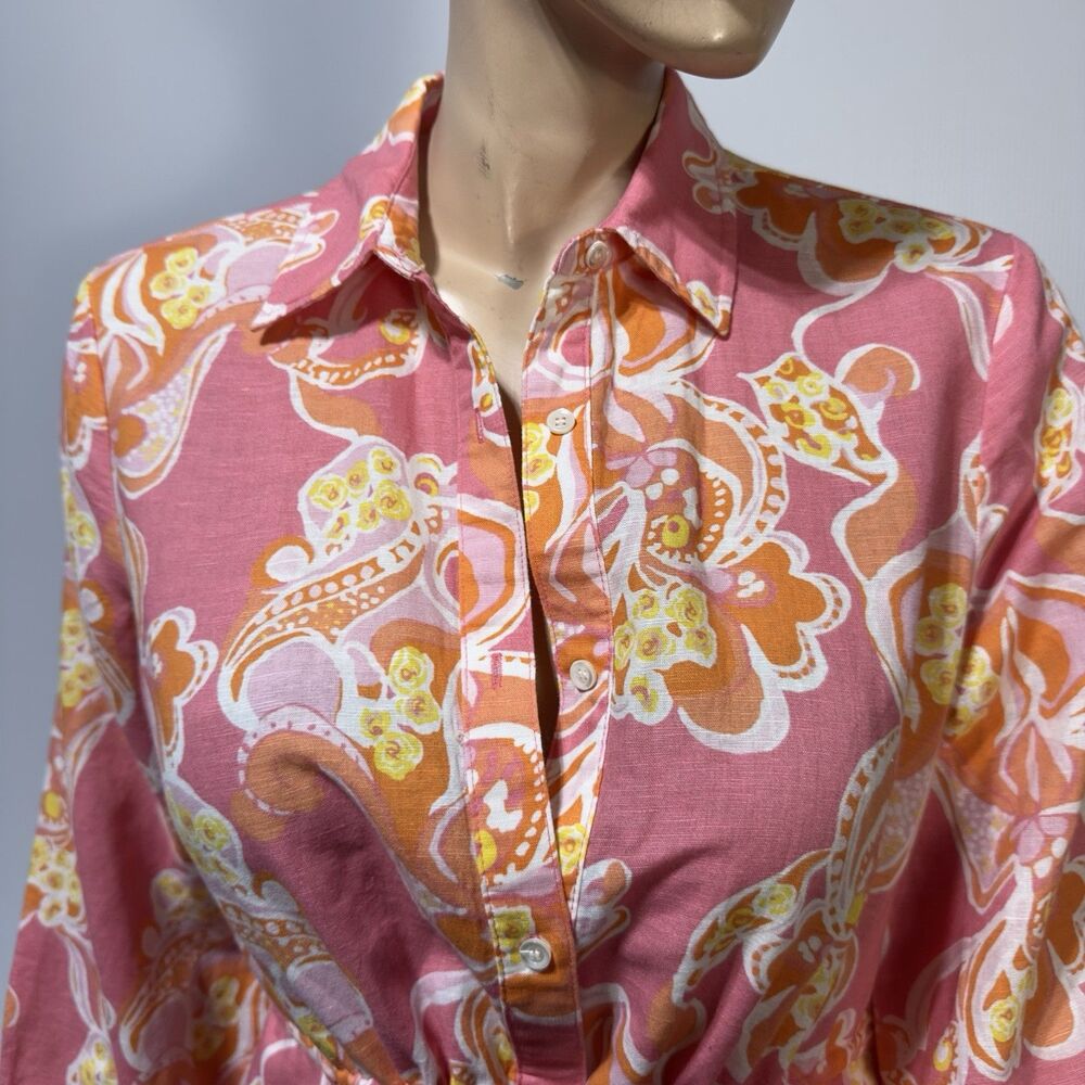 J. McLaughlin Linen Cotton Floral Paisley Button Front Midi Dress Drawstring M - Picture 2 of 13